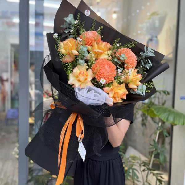Bó hoa chúc mừng sinh nhật người lớn tuổi cúc mẫu đơn mix hồng cam 4
