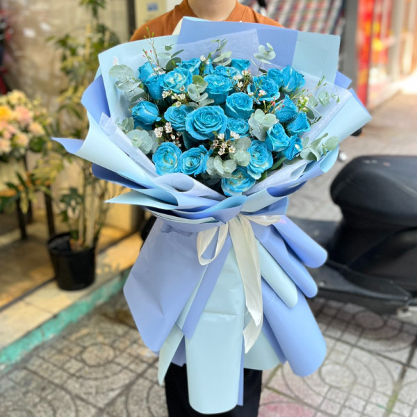 Bó hoa hồng xanh 25 bông mix thanh liễu tặng sinh nhật ý nghĩa  5