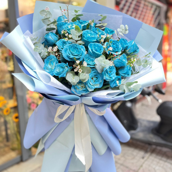 Bó hoa hồng xanh 25 bông mix thanh liễu tặng sinh nhật ý nghĩa  6
