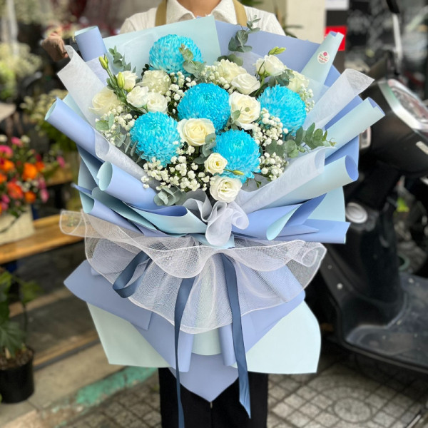 Bó hoa cúc mẫu đơn xanh mix hồng và cát tường giấy gói tone xanh 6