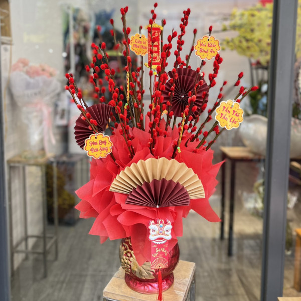 Bình hoa nụ Tầm Xuân Đỏ 30 cành nơ đỏ 6