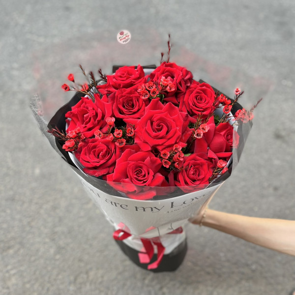 Bó hoa 10 hồng đỏ Ecuador mix thanh liễu đỏ 6